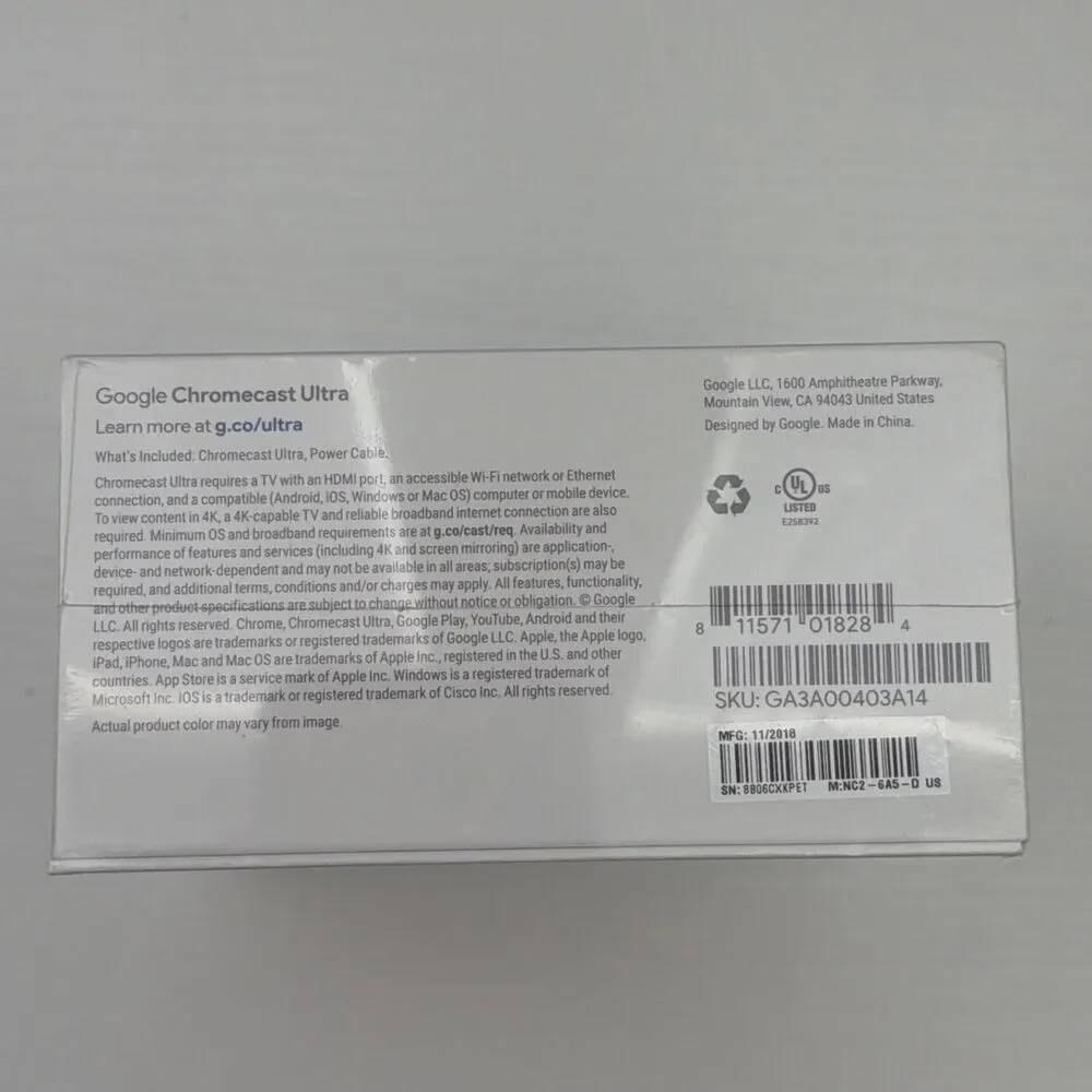 Google Chromecast Ultra 4K Digital Media Streamer -  Sealed New